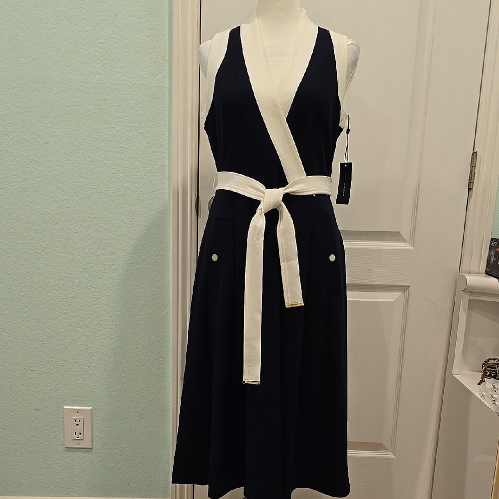 Tommy Hilfiger Navy Blue and White Plunge Midi Dress
